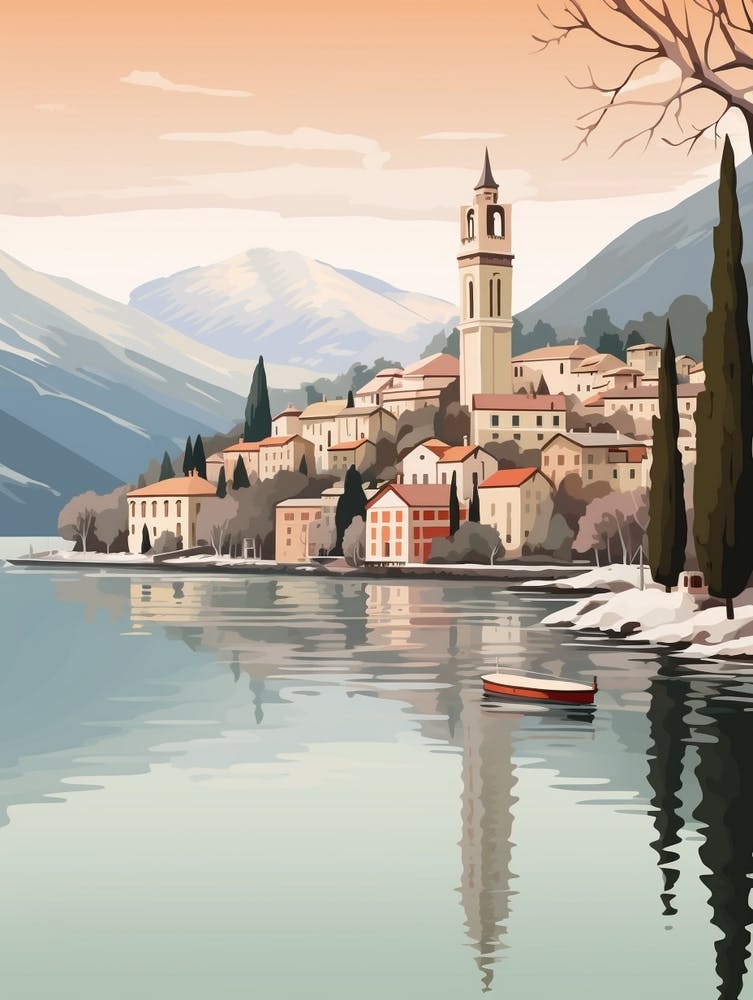 Vintage Winter Travel Illustration Lake Como Italy 3