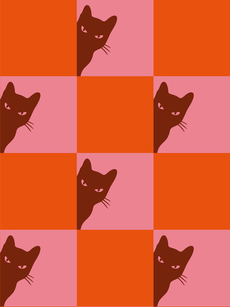 Playful Check board Cat Peeping Pattern In Pop Red Pink 01