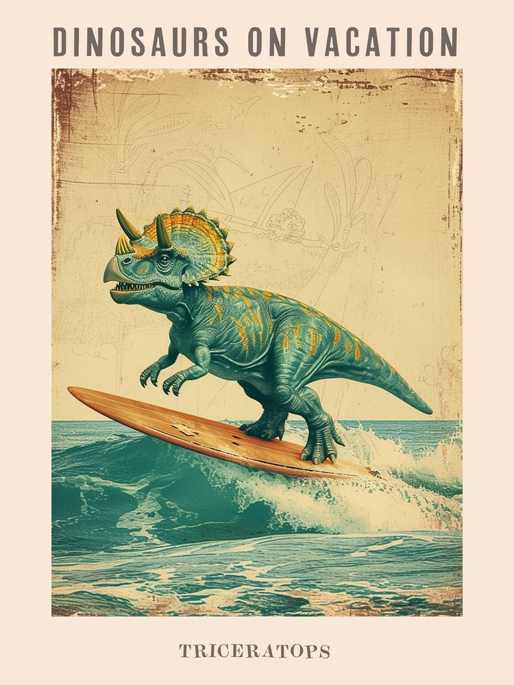 Vintage Triceratops Dinosaur On A Surf Board 2 Poster