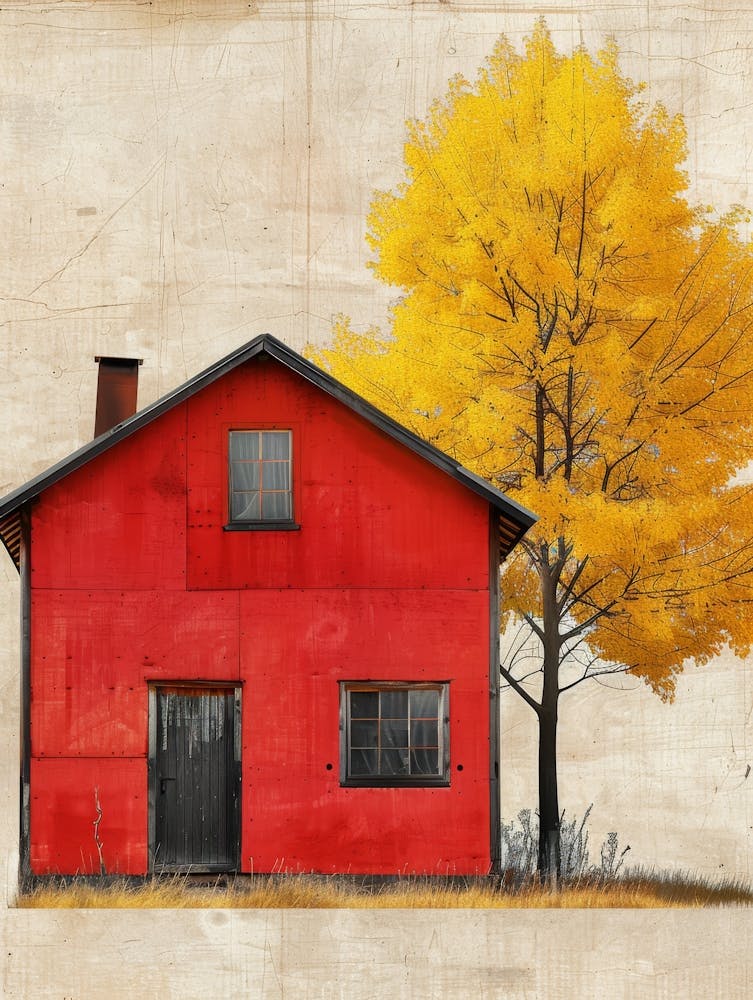 Red House With Yellow Tree