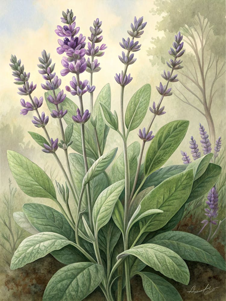 Oil Painting Style Stylized Sage And Lavender Botanical
