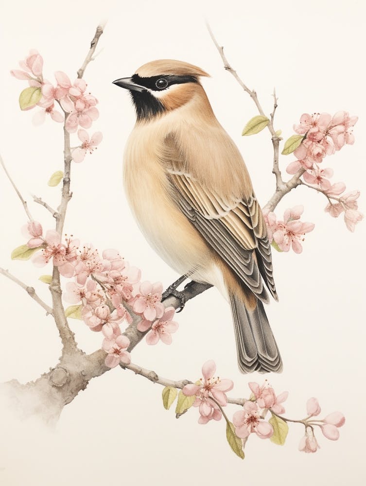 Vintage Bird Drawing Cedar Waxwing 3