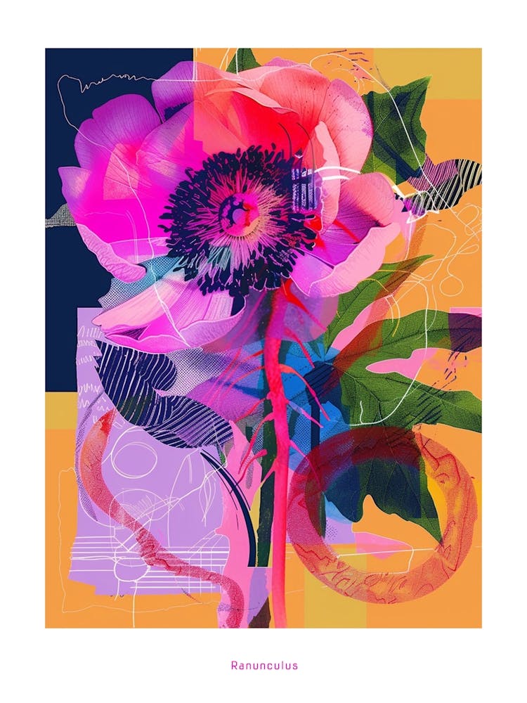 Ranunculus 3 Neon Flower Collage Poster