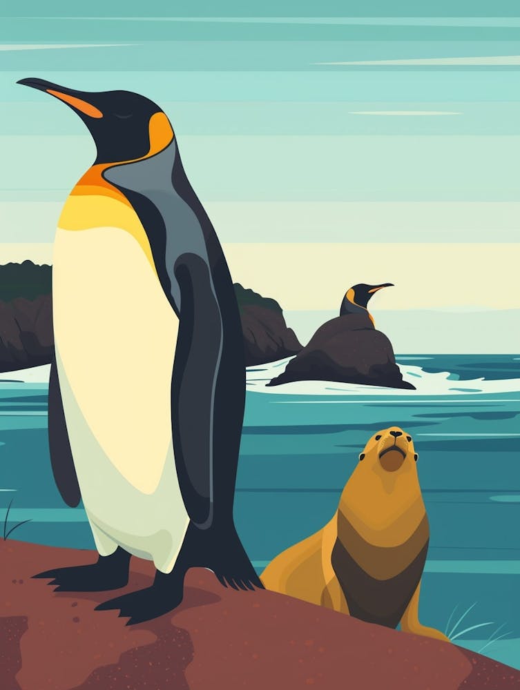 King Penguin Sea Lion Island Minimalist Illustration 1