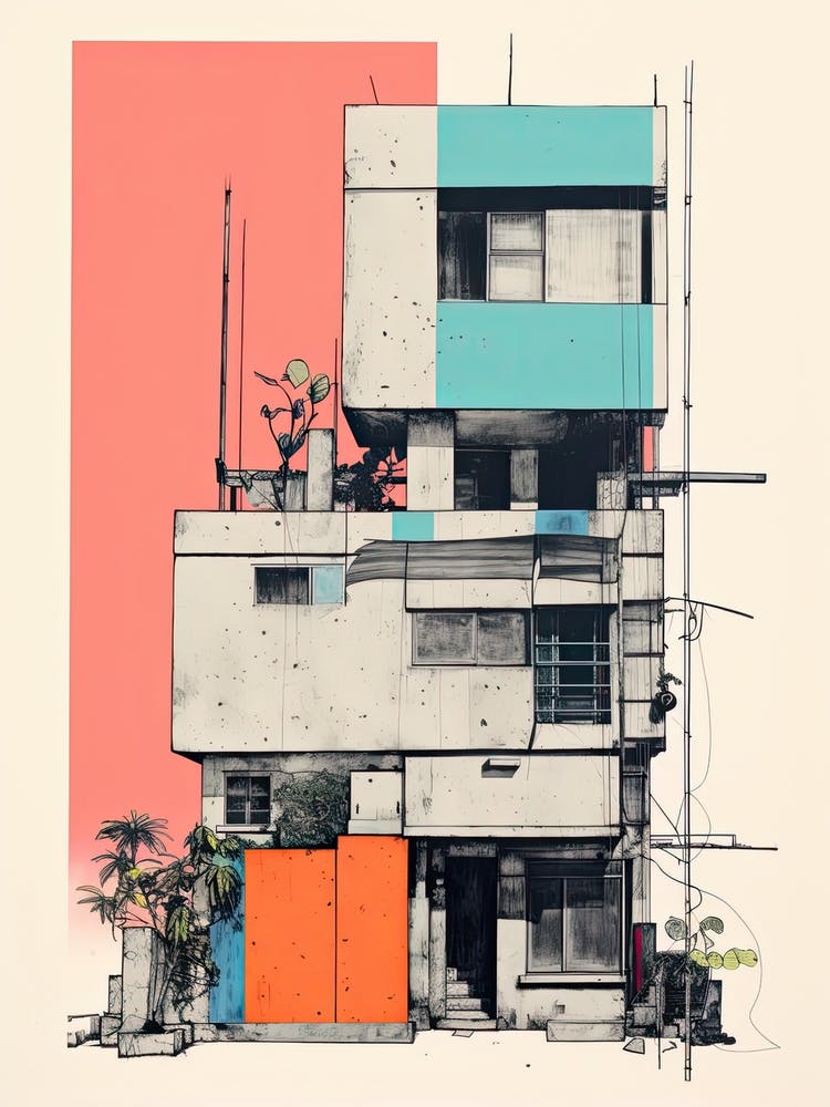 A House In Mumbai, Abstract Risograph Style 4