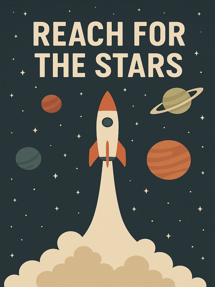 Reach for the Stars – Retro Rocketship Wall Art Space Themed Print Mid Century Modern Style Poster
