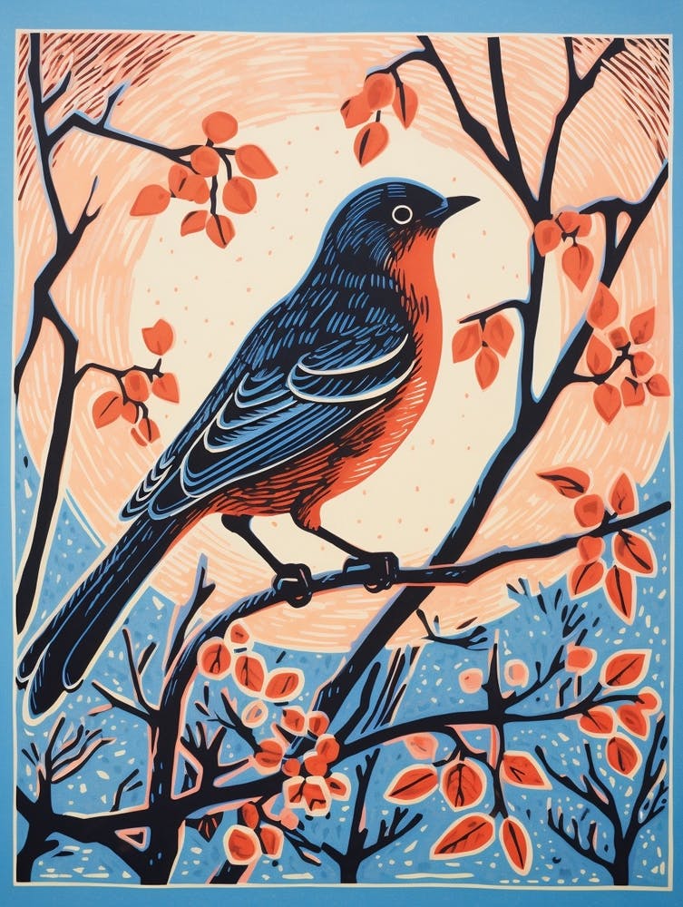 Vintage Bird Linocut Bluebird 3
