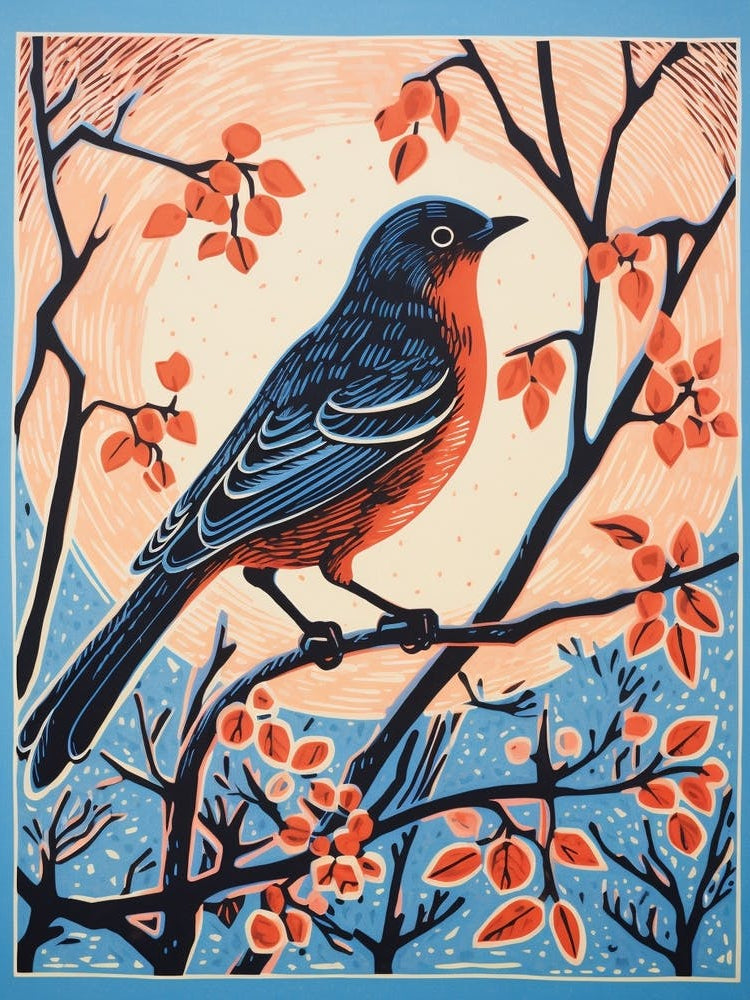 Vintage Bird Linocut Bluebird 3