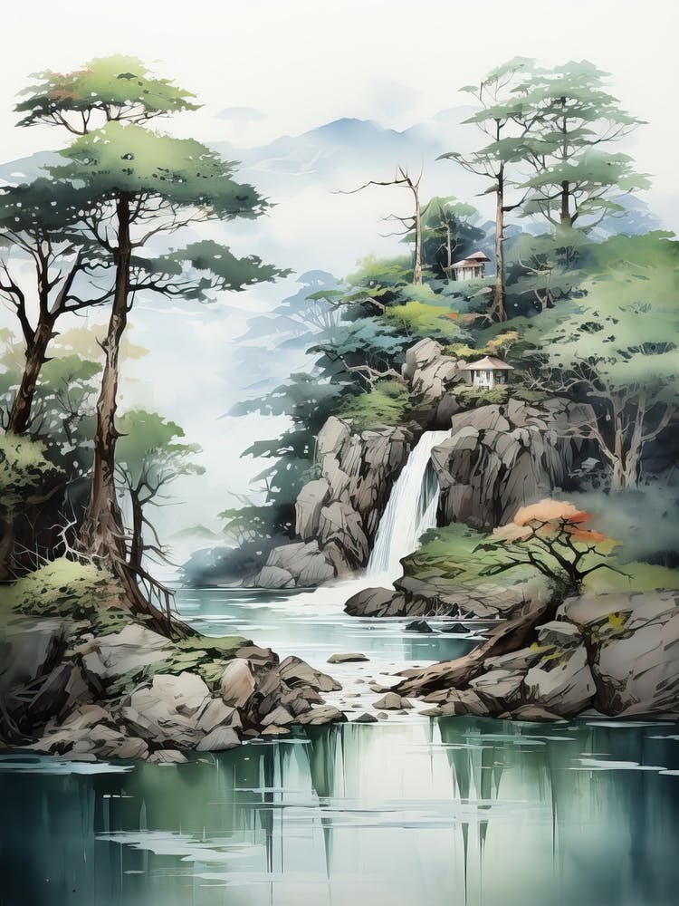Sounkyo Gorge In Hokkaido, Japanese Brush Painting, Ukiyo E, Minimal 2