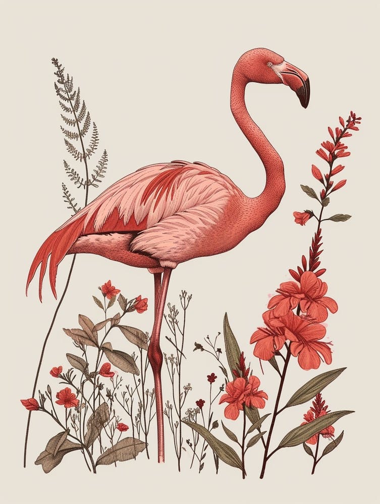 American Flamingo And Heliconia Minimalist Illustration 1