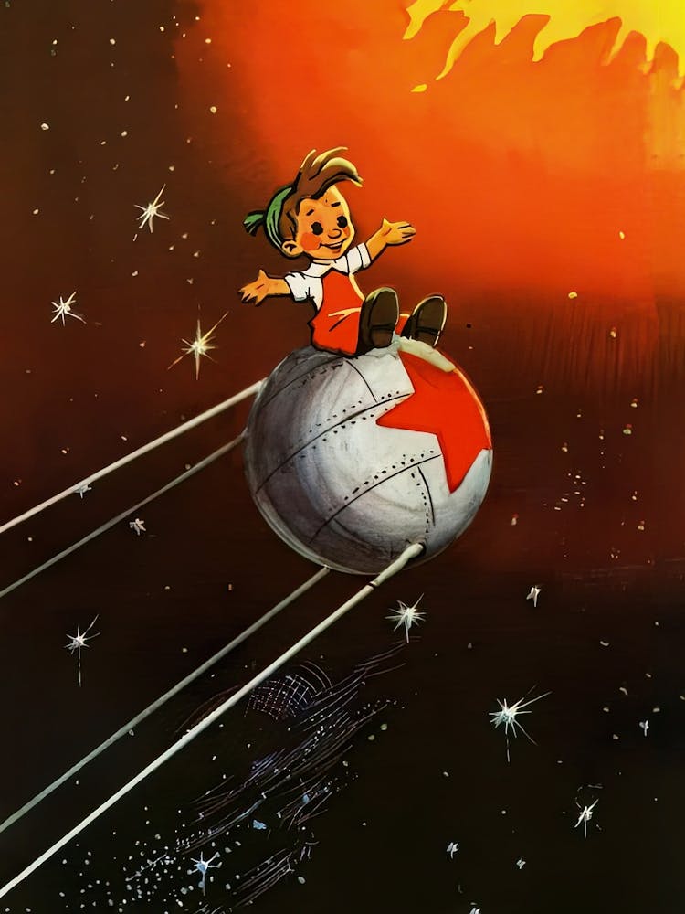 Murzilka on a Sputnik, USSR, 1960 — Soviet vintage space poster, soviet poster, propaganda poster