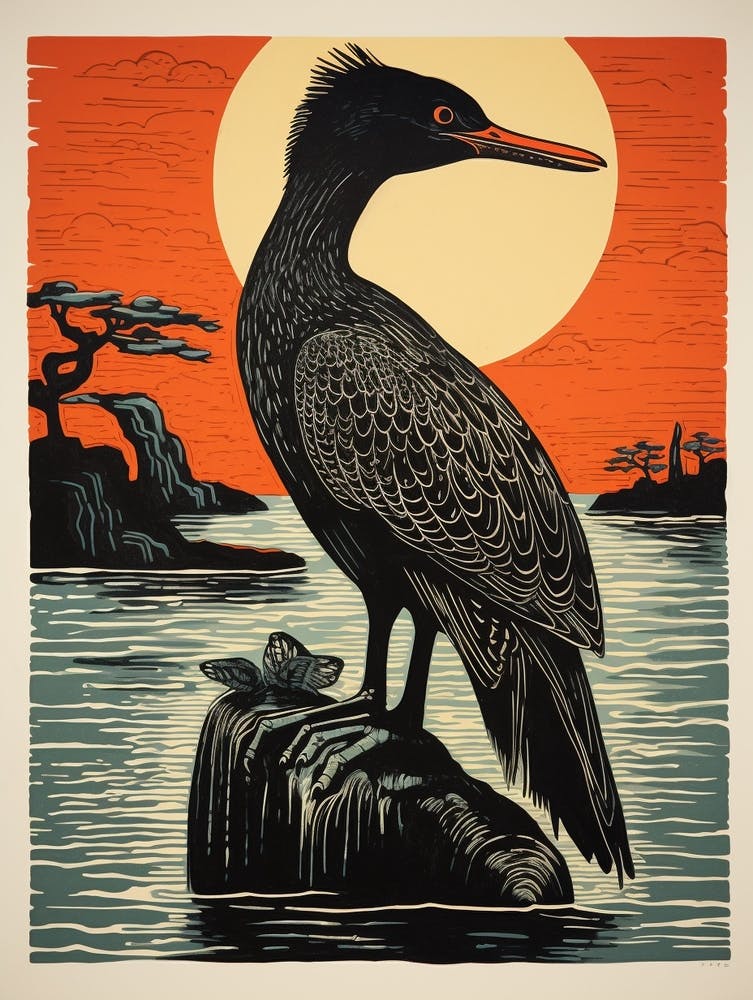 Vintage Bird Linocut Cormorant 2