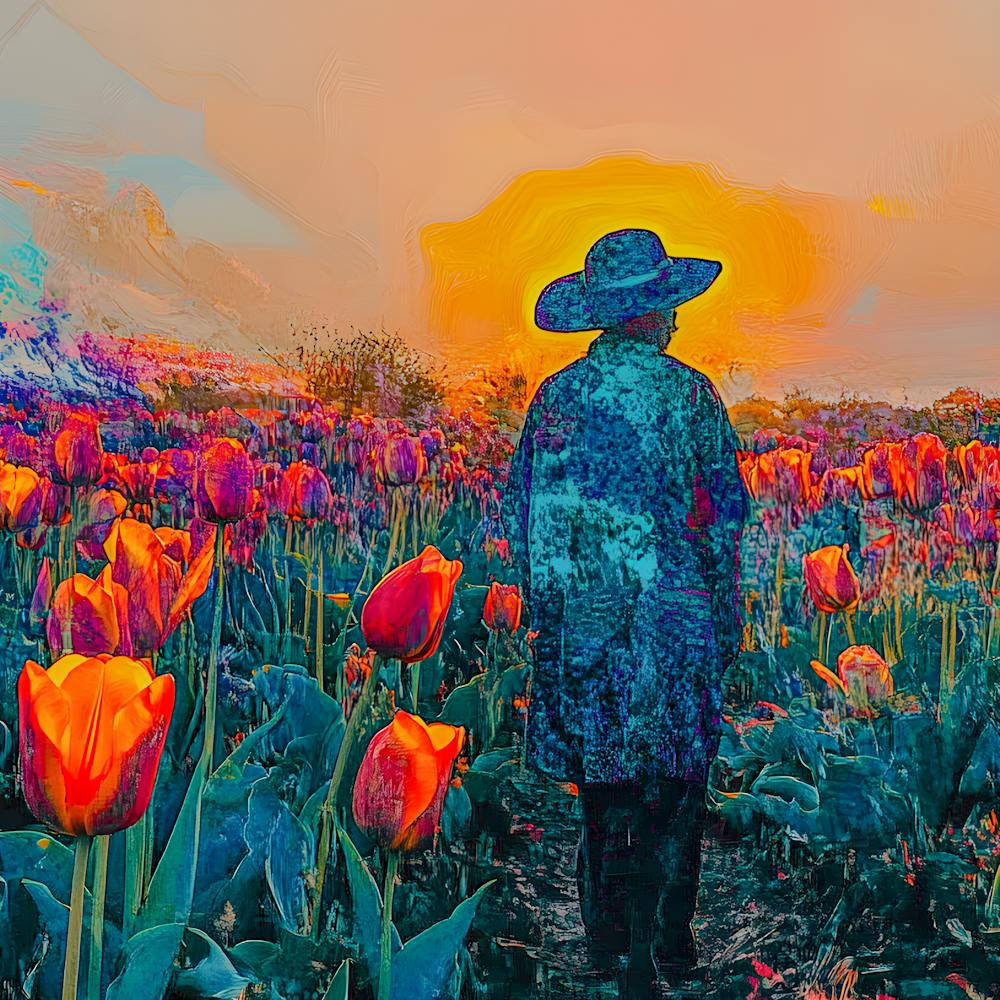 Peaceful Evening Stroll - Abstract Tulip Field Painting