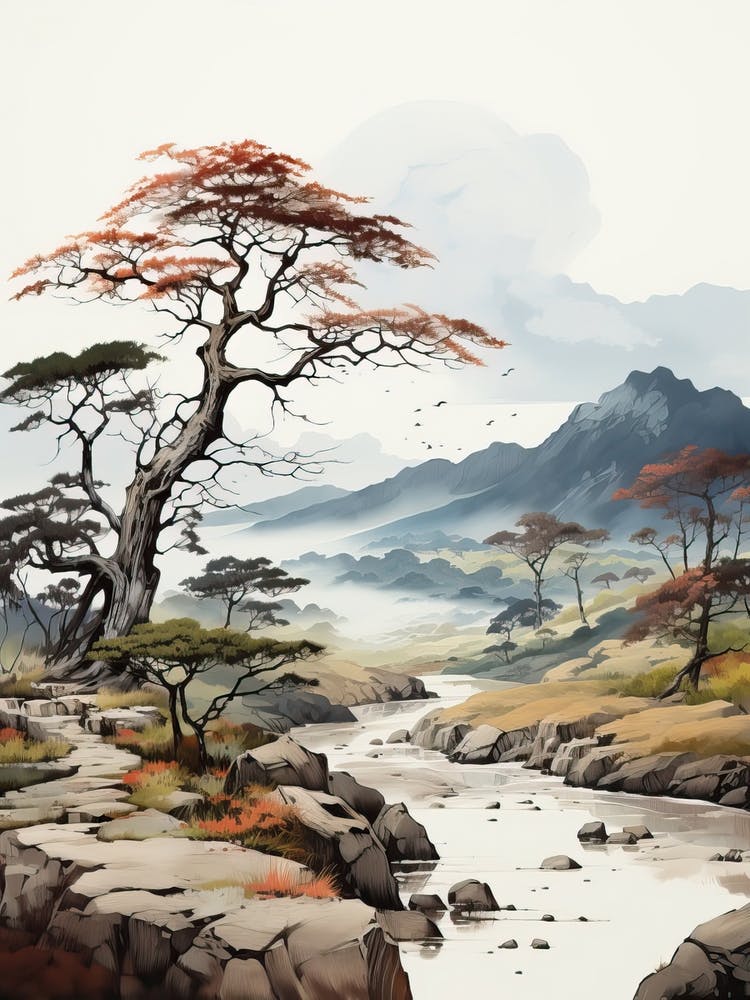 Aso Kuju National Park In Kumamoto, Japanese Brush Painting, Ukiyo E, Minimal 4