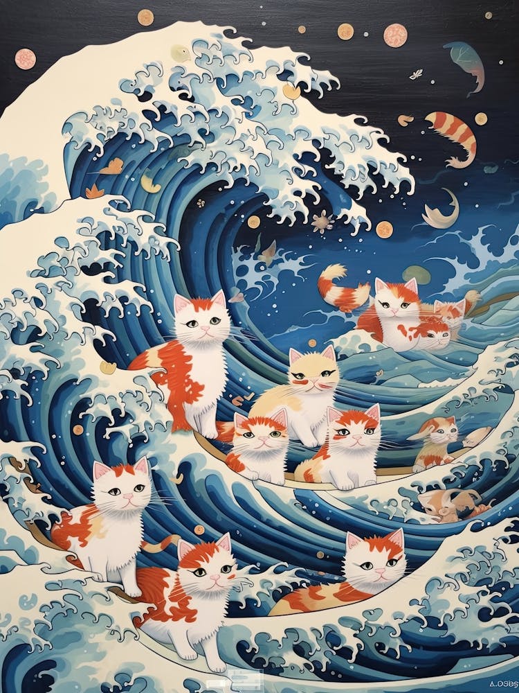 The Great Wave Off Kanagawa White Tan Cats Kitsch