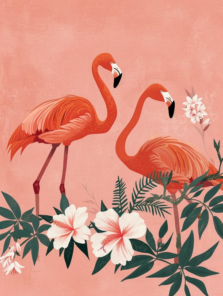 Lesser Flamingo And Plumeria Minimalist Illustration 1