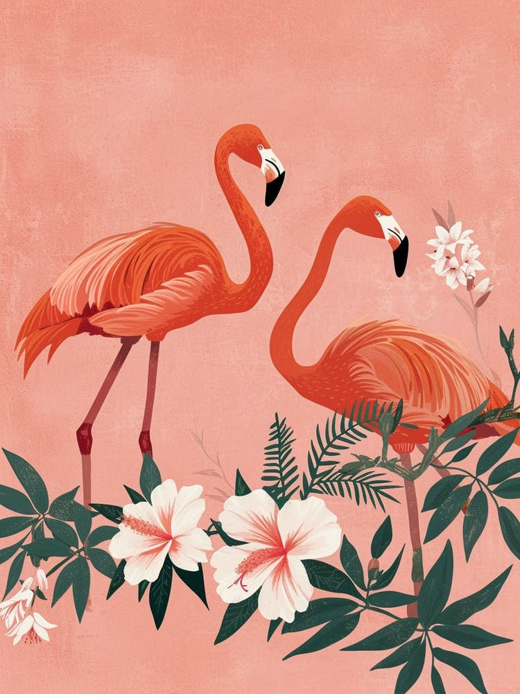 Lesser Flamingo And Plumeria Minimalist Illustration 1