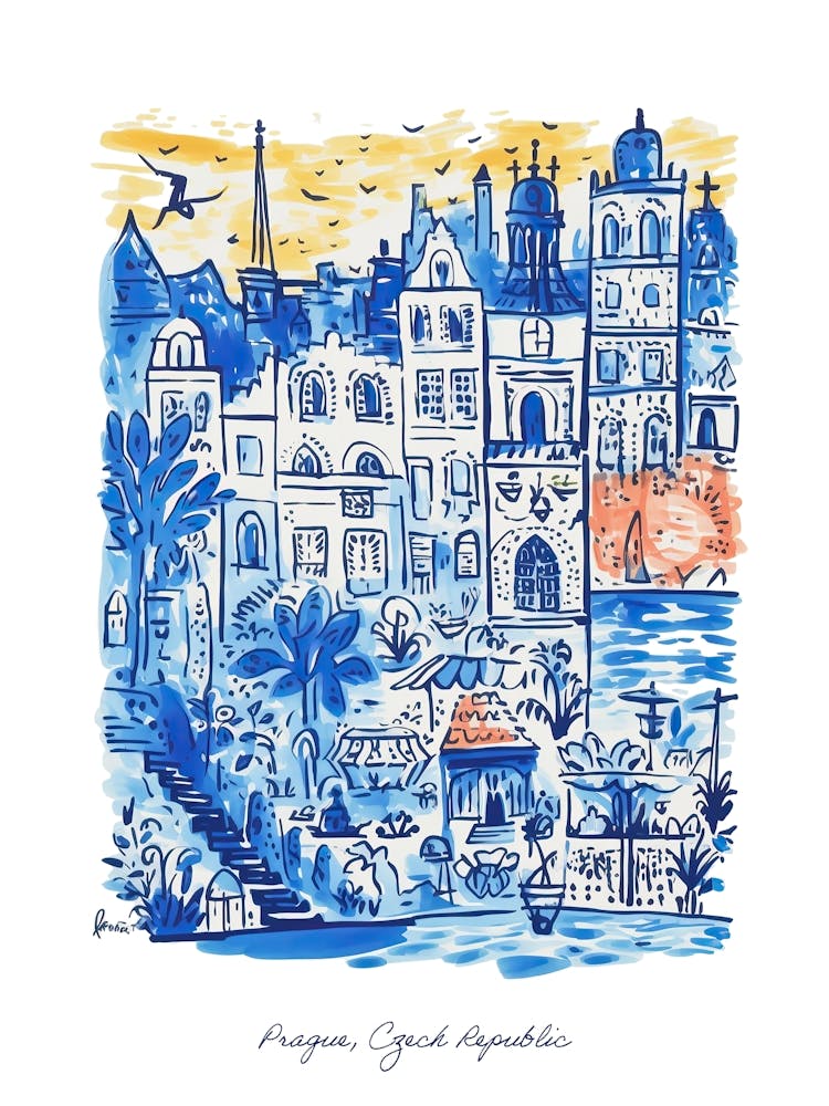 Prague Czech Republic Illustration Line Art Travel Blue