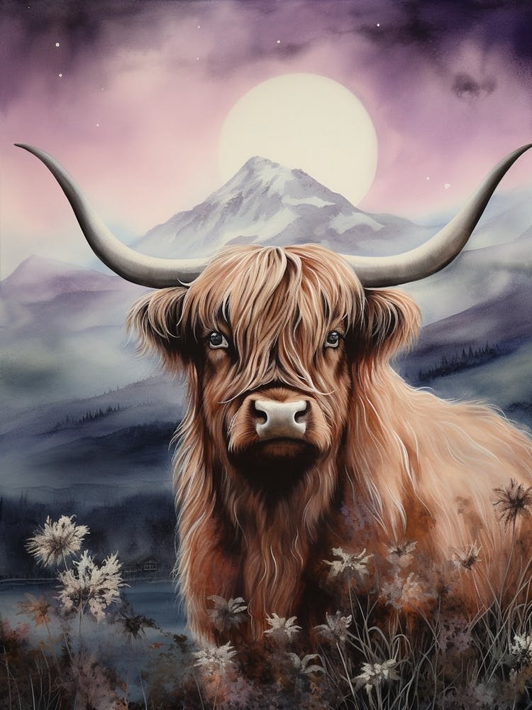 Watercolour Of Highland Cow At Night 1