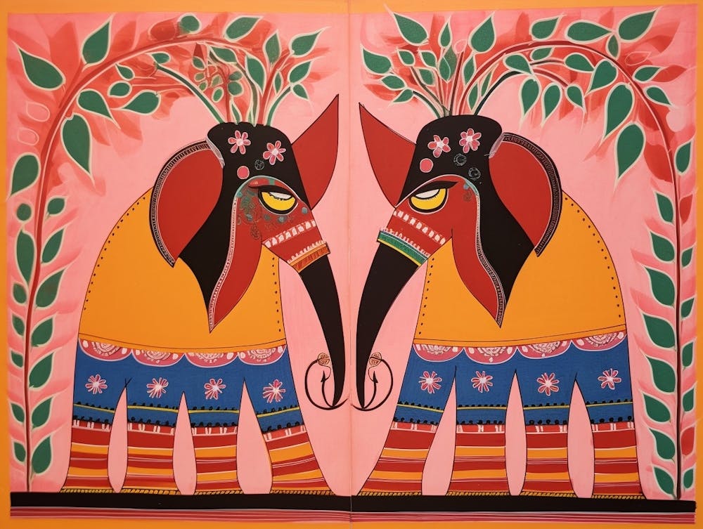 Elephant 3 Folk Style Animal Illustration