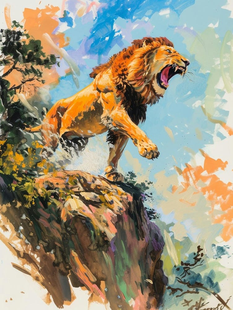 Asiatic Lion Roaring On A Cliff Fauvist Painting 1