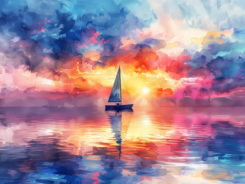 Watercolor Sailboat At Sunset 6