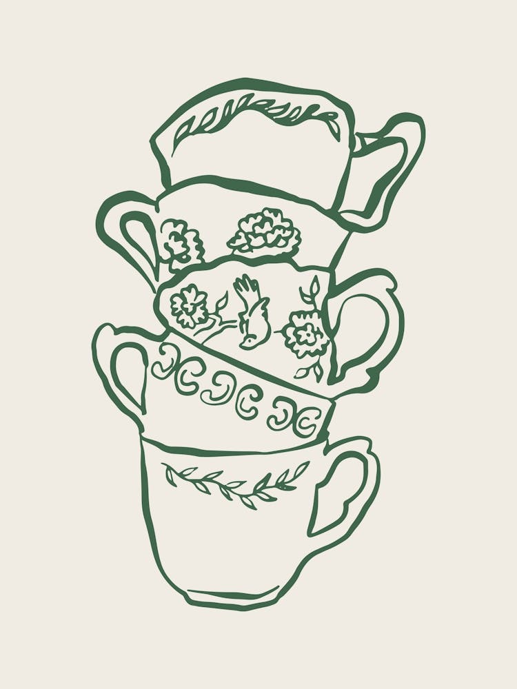 Green Fine Line Mugs Kitchen Posters