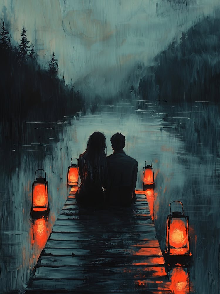 Couple On A Dock At Night, Romantic Monochrome Charcoal style