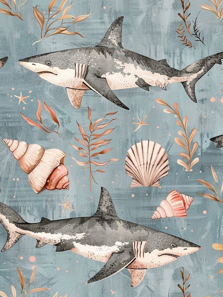 Pastel Blue Bamboo Shark Watercolour Seascape Pattern 2