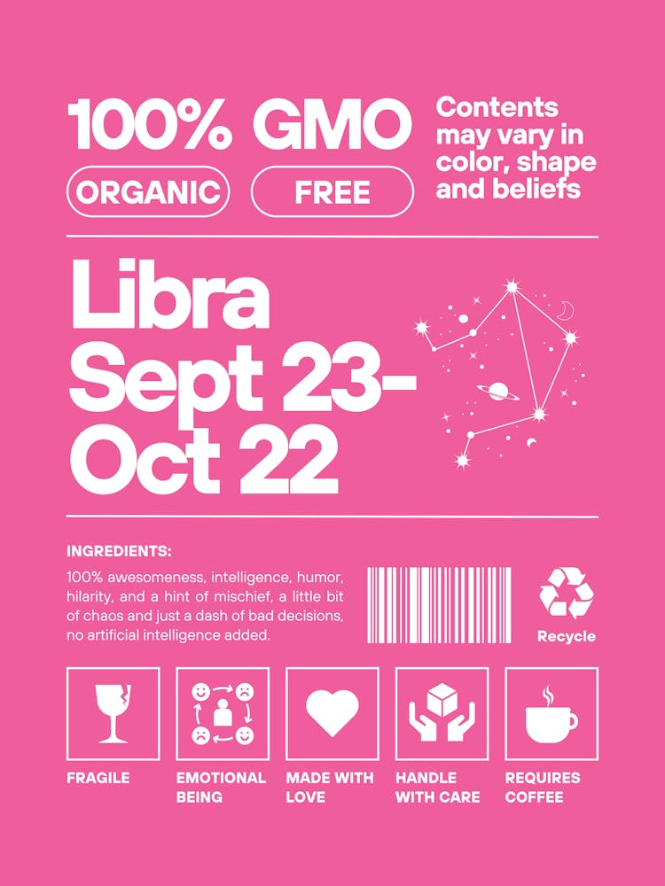 Libra Wall Art | Libra Nurtriton Facts Wall Art |Pink Zodiac Decor | Dorm, Office, Living Room, Bedroom, Apartment Wall Art | Trendy Preppy Colorful Maximalists |