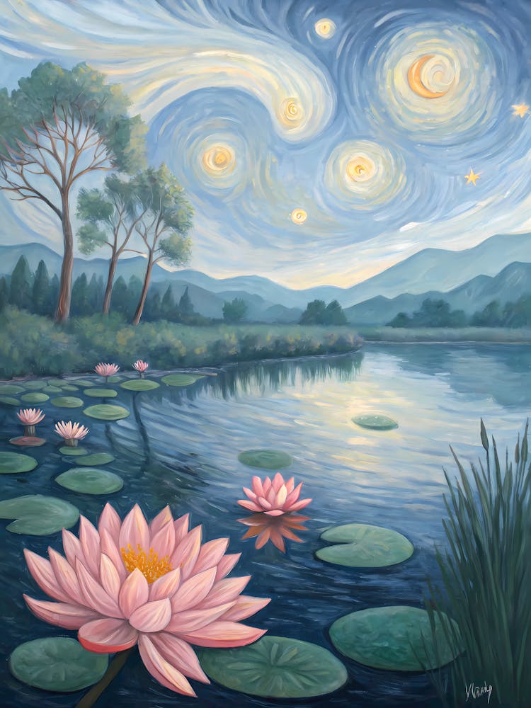 Van Gogh Lotus Pond Starry Night Reflections