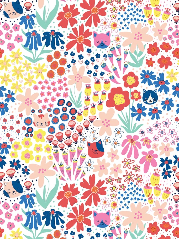 Glückliche Katzen verstecken sich im Blumenfeld - Rosa, Gelb, Rot, Blau, auf Weiß Kinder