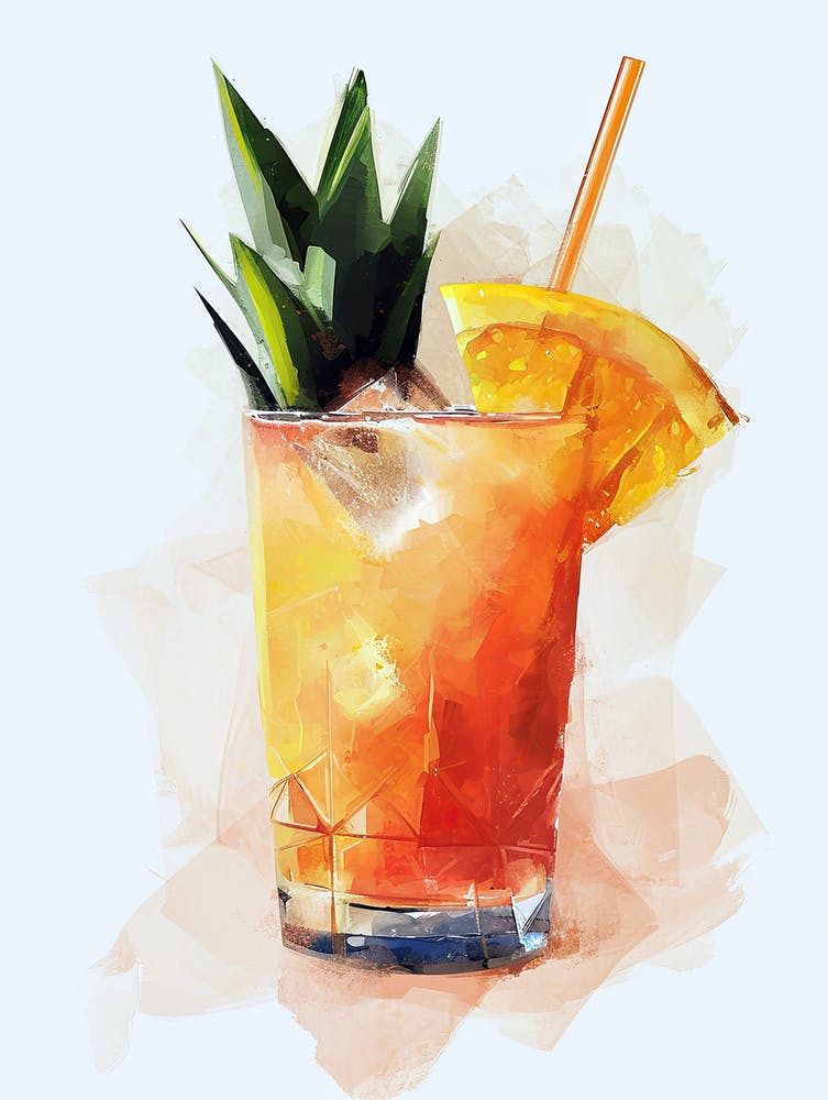 Pineapple Cocktail Drink Watercolor Illustration