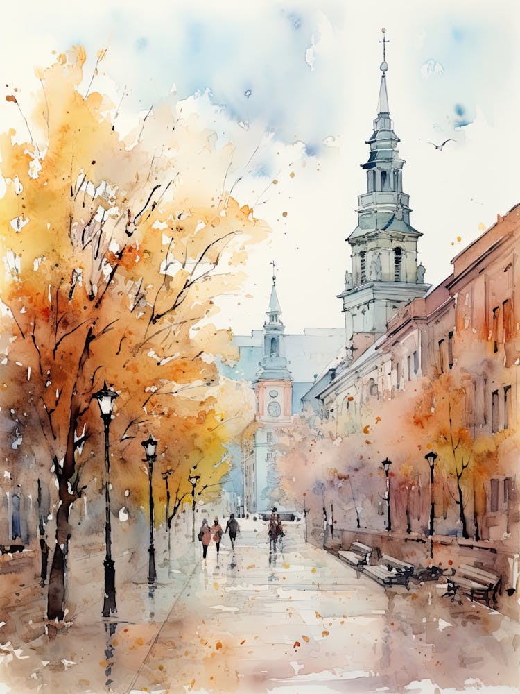 Vilnius Lithuania In Autumn Fall, Watercolour 3