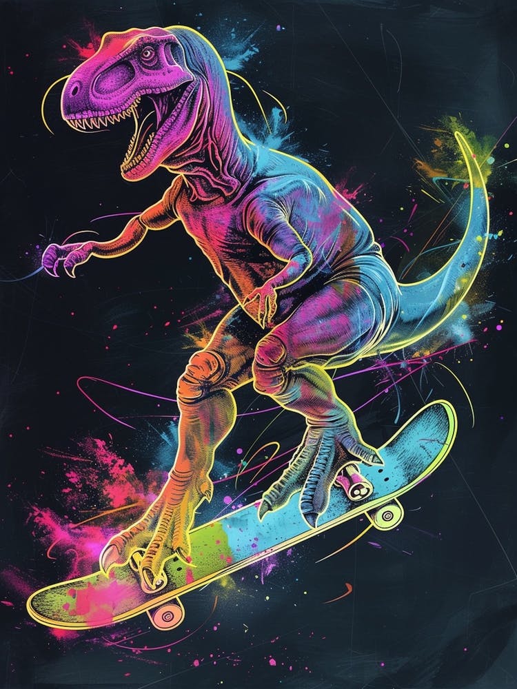 Neon Dinosaur Line Illustration On A Skateboard 2