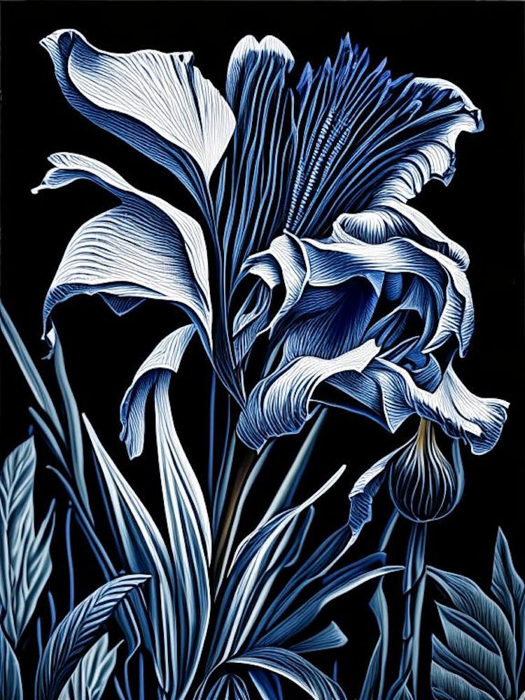 Blaue Schwertlilien-Wildblume Linolschnitt