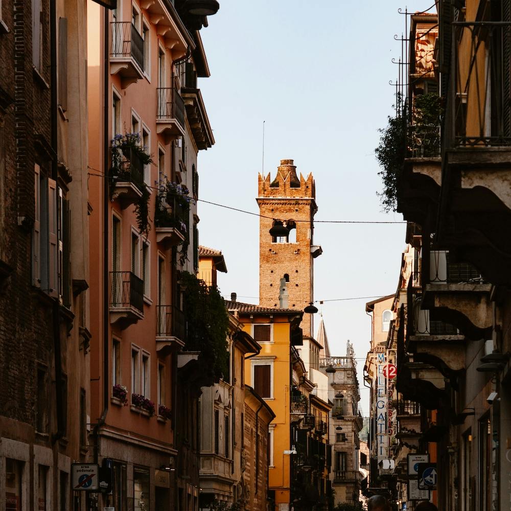 Church Steeple In A Copper Street Verona, Italy  Colour Travel Street Photography Square