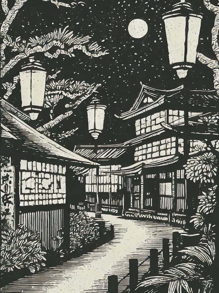 Beleuchtete Straßen im Gion District Ukiyo-E Stil