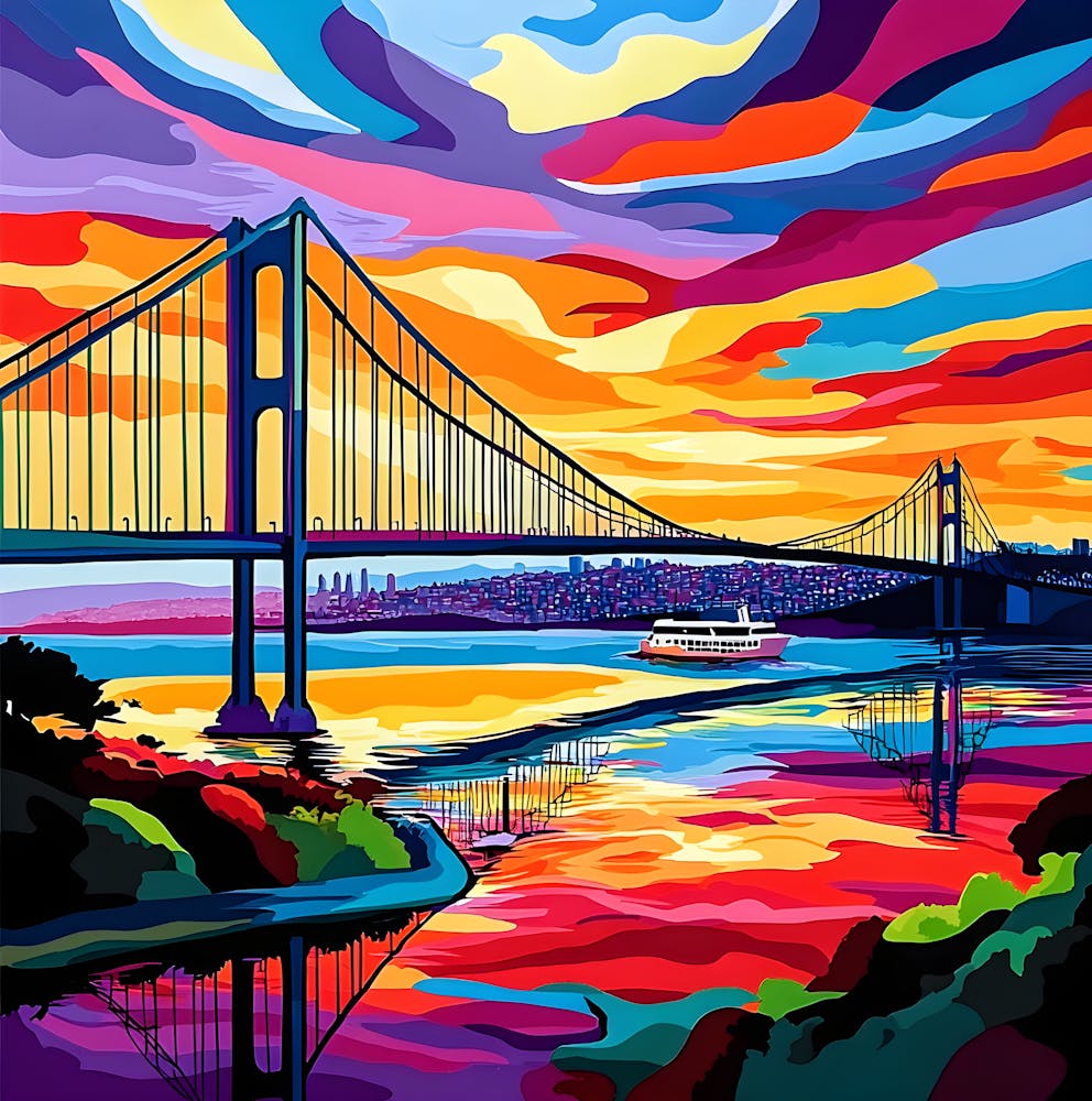 Farbenfrohe Golden Gate Bridge Wandkunst – Lebendiger Stadtbild-Kunstdruck, Moderne Skyline Dekoration