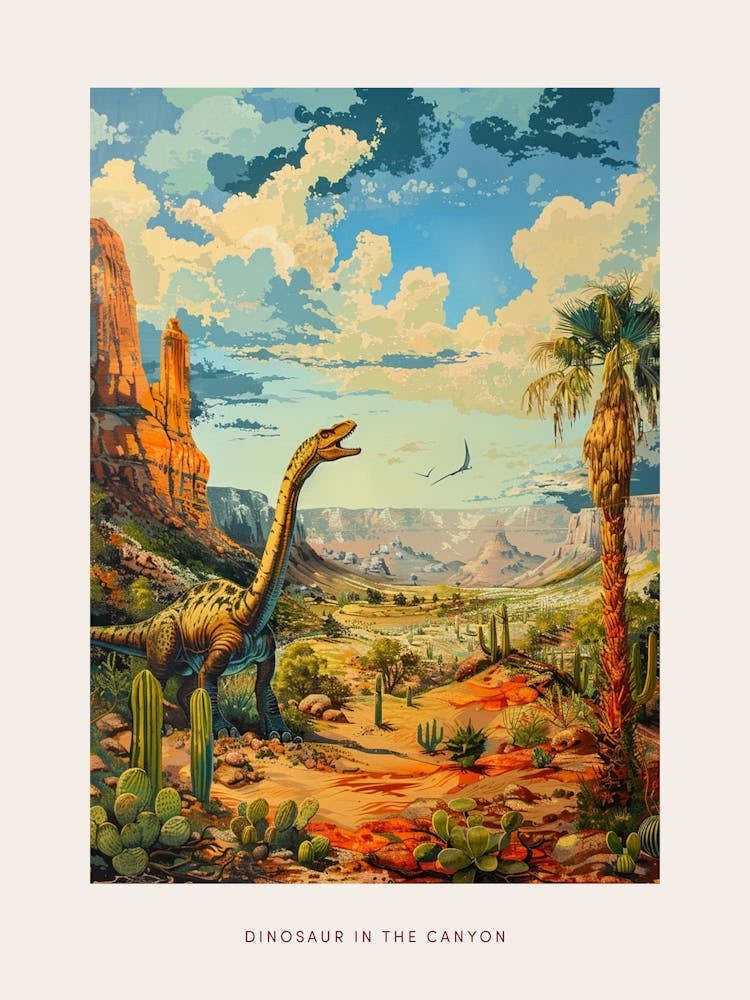 Dinosaur In The Canyon Desert Painting Poster