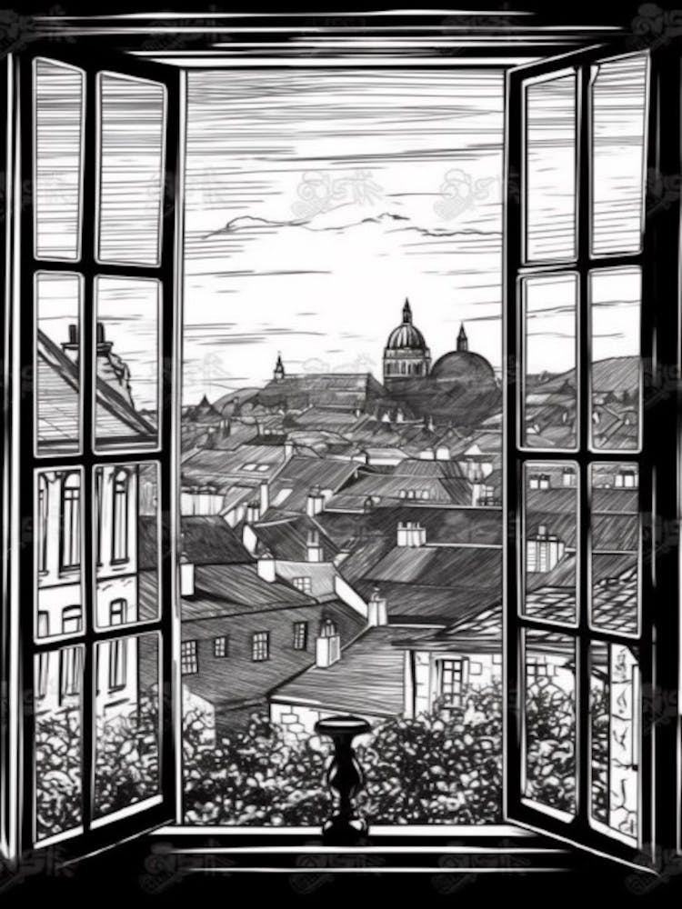 Window View Of Edinburgh Scotland   Black And White Colouring Pages Line Art 3