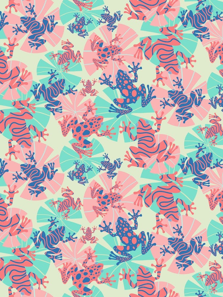 Playful Frogs On Overlapping Lily Pads In Tropical Pink And Teal