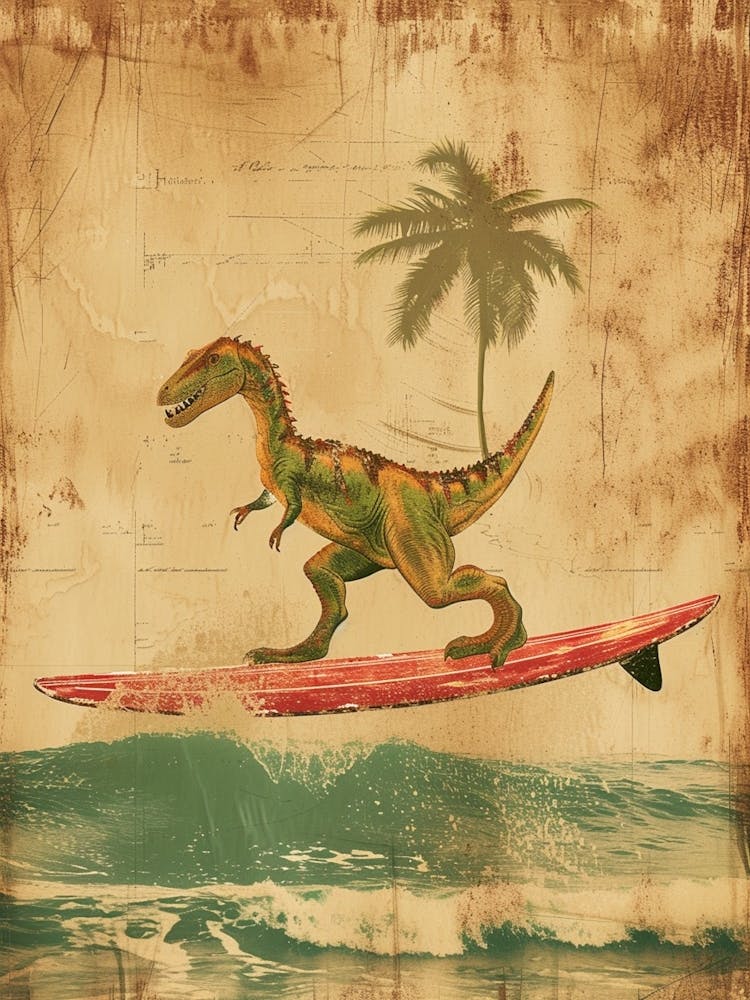 Vintage Baryonyx Dinosaur On A Surf Board              4