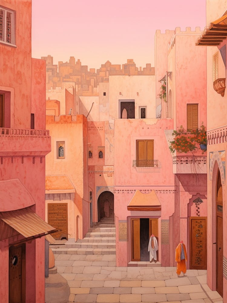 Agadir Morocco 3 Vintage Pink Travel Illustration