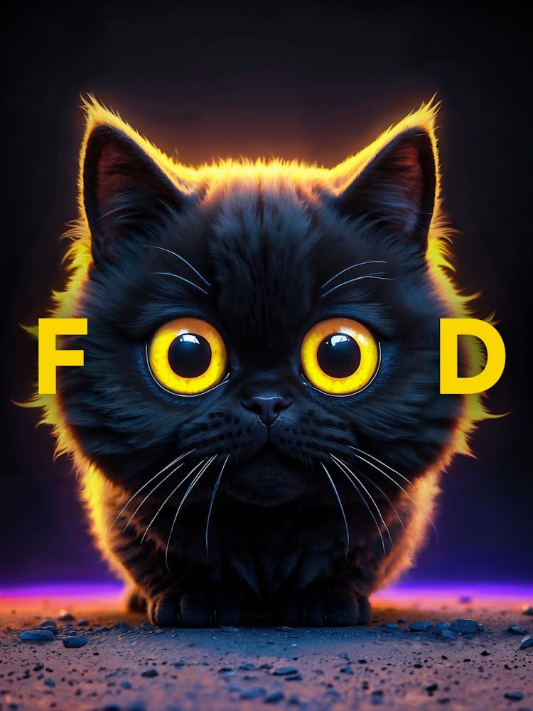 Hungry Food Cat: A hungry black kitten with big yellow eyes begs for 'food' — a cute and funny feline moment captured in creative typography.