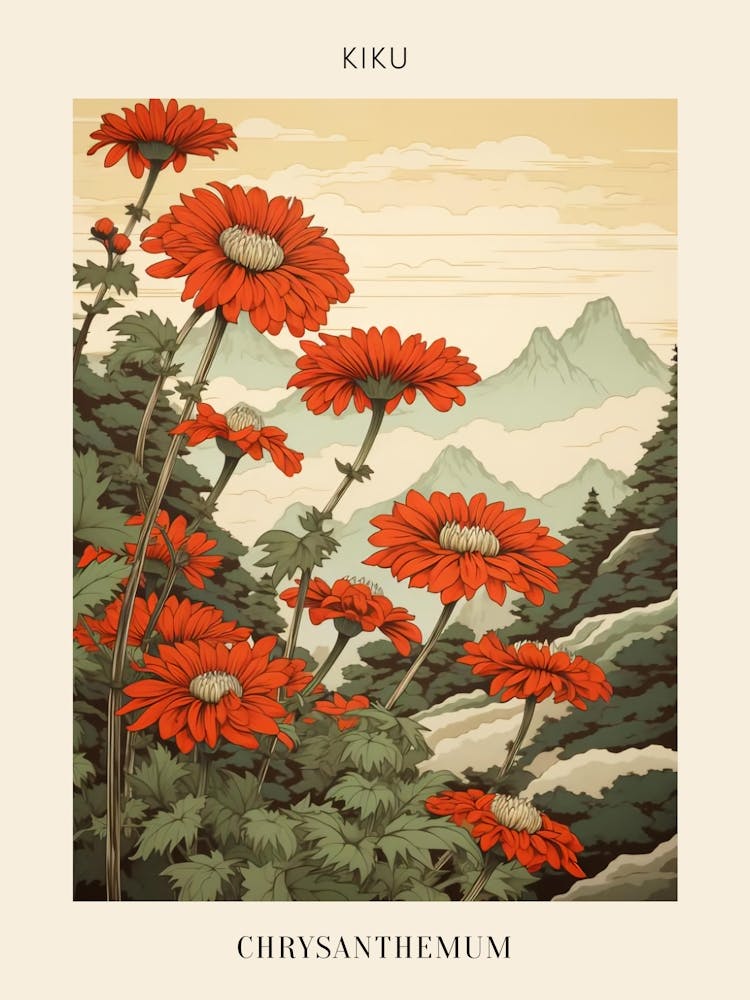 Kiku Chrysanthemum Japanese Botanical Illustration Poster