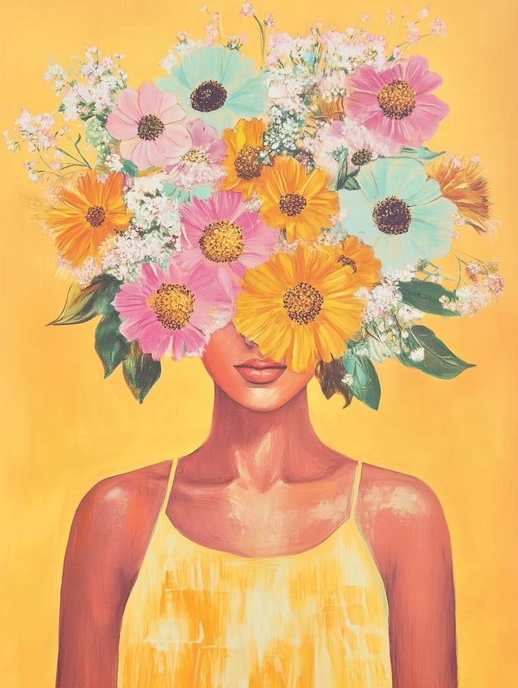 Frau mit Blumenhaar Mia, Pastel Blumenkranz, bunte Sommer Malerei