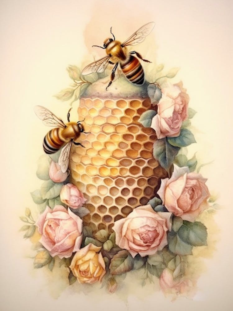 Beehive With Rose Watercolour Illustration 2