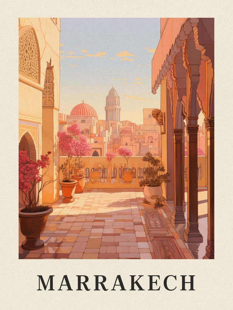Marrakech Morocco 6 Vintage Pink Travel Illustration Poster