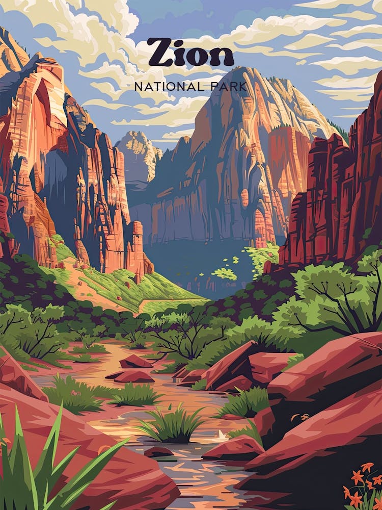 Zion National Park Hiking Trail Travel Art Illustration